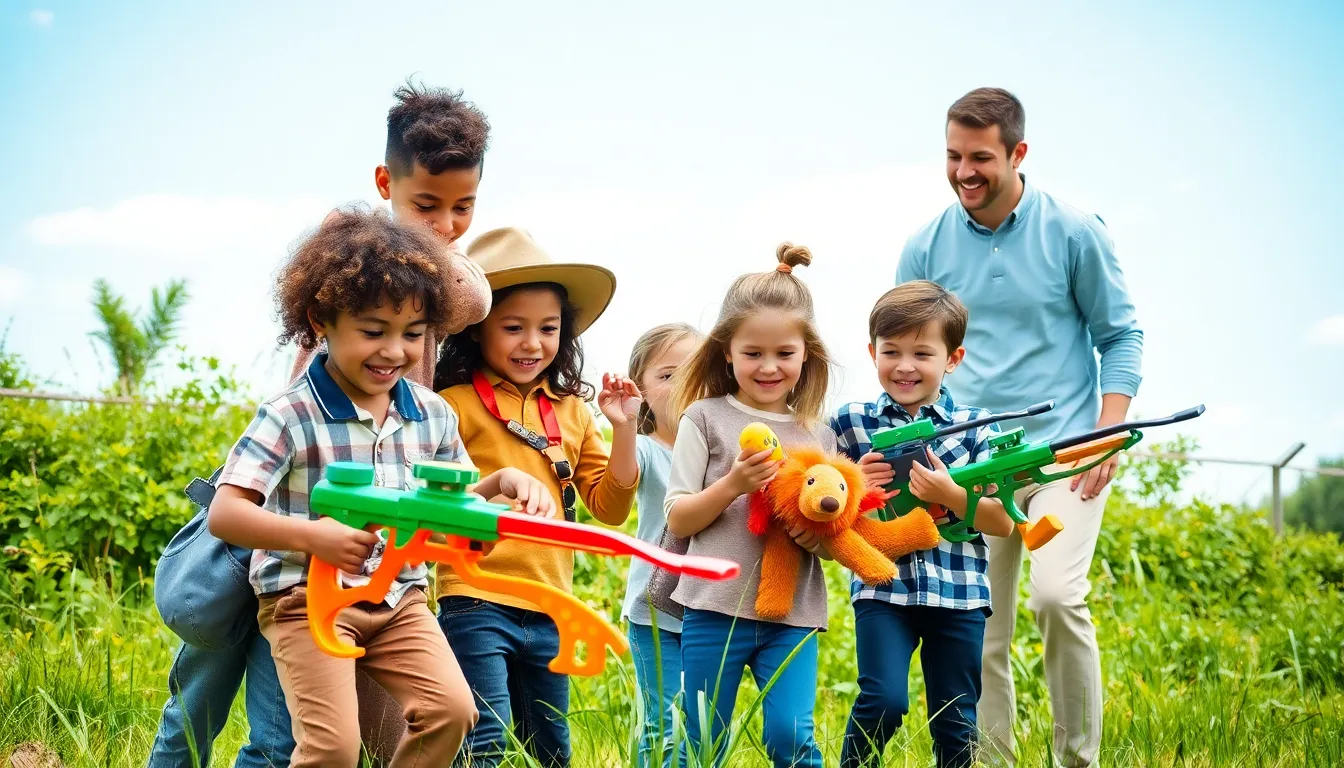 children playing with hunting toys in an outdoor setting.