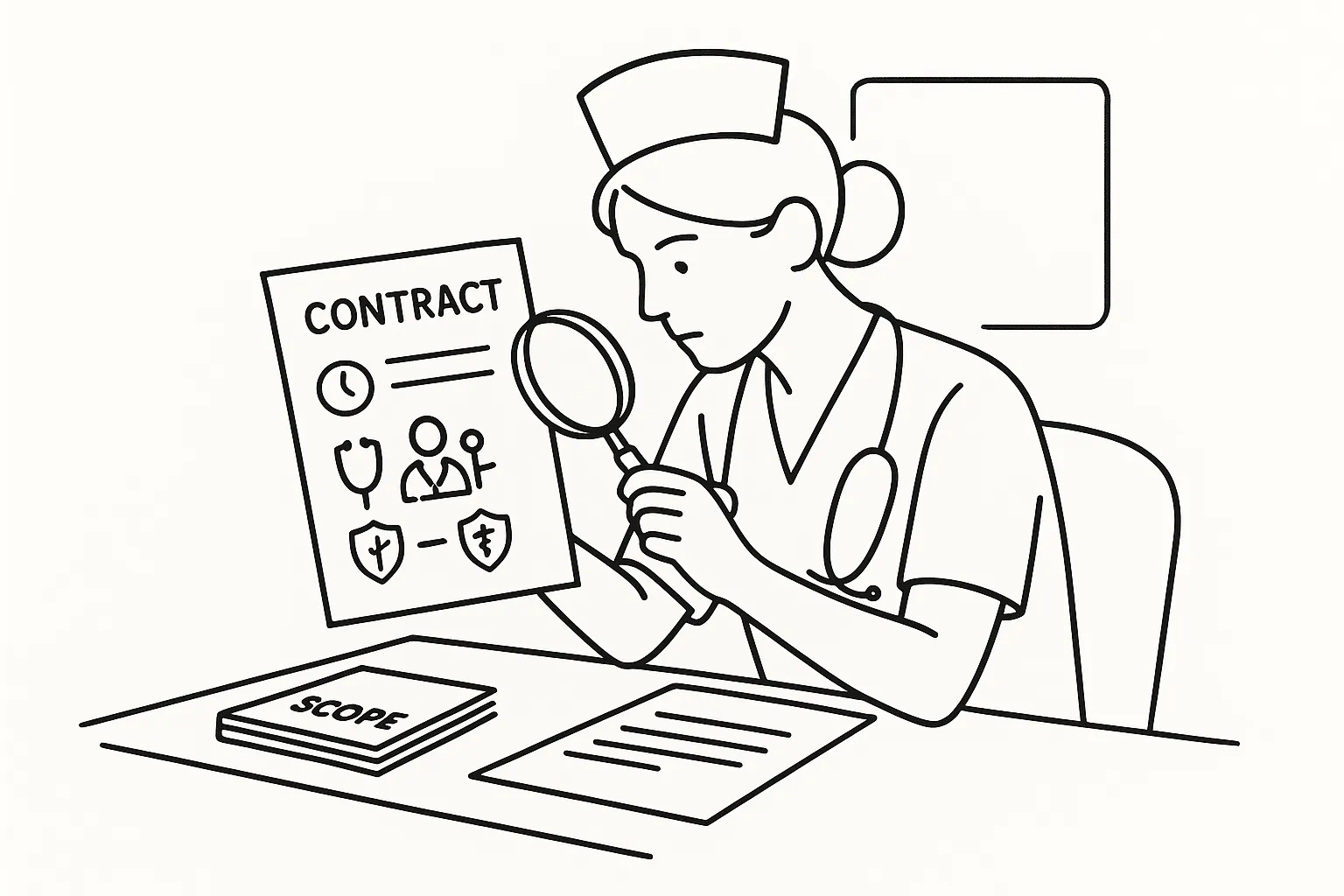 Nurse practitioner at desk reviewing a contract with checklist icons.