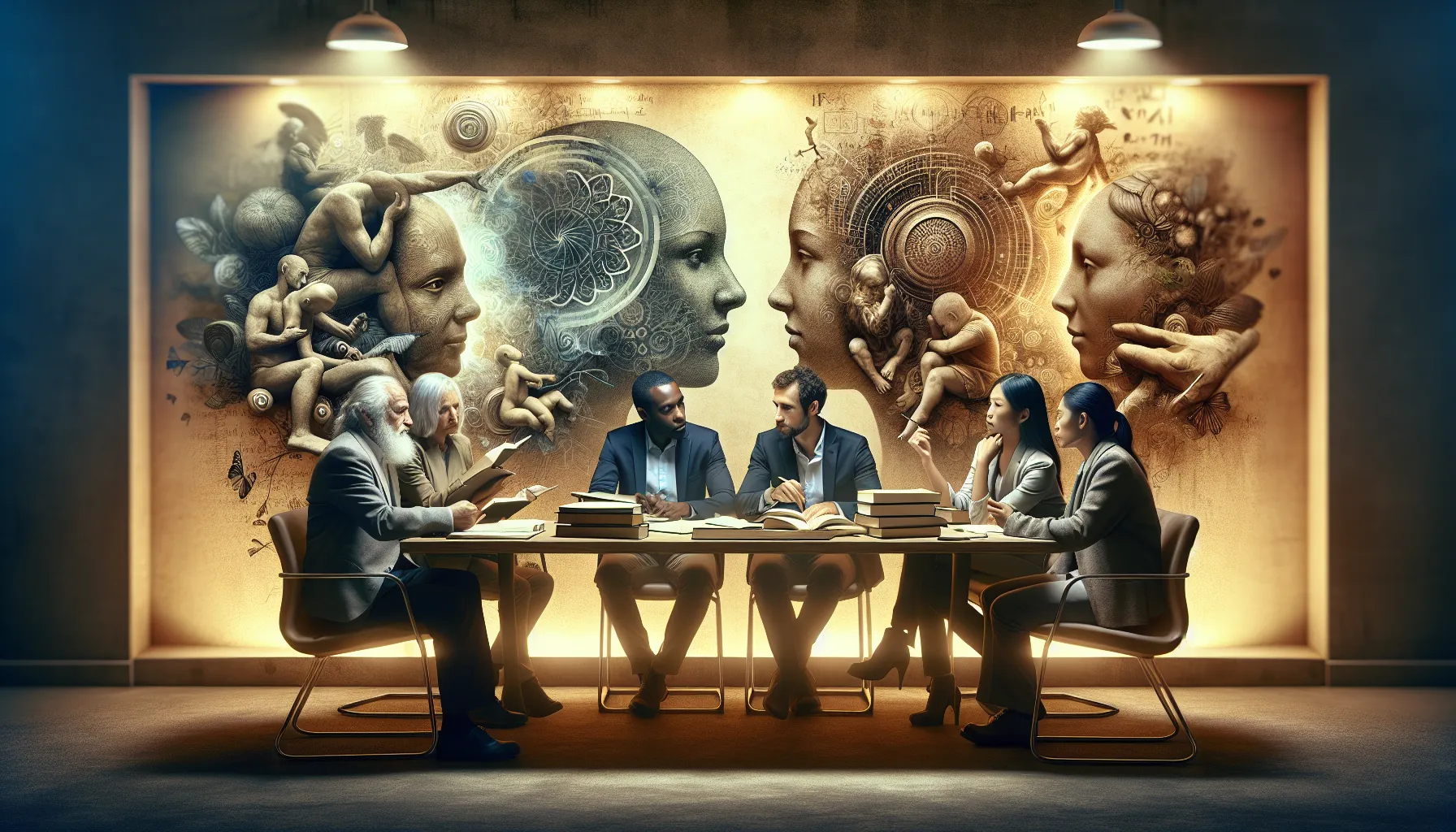 diverse professionals discussing philosophy in a modern office setting.