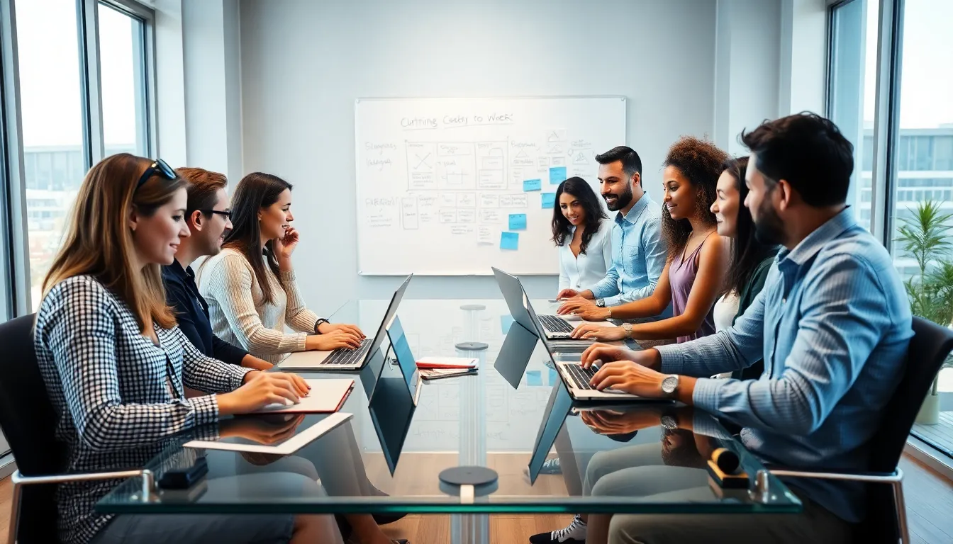 diverse team discussing captivating content in a modern office.