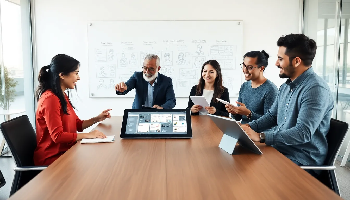 diverse team discussing mobile app design in a modern office.