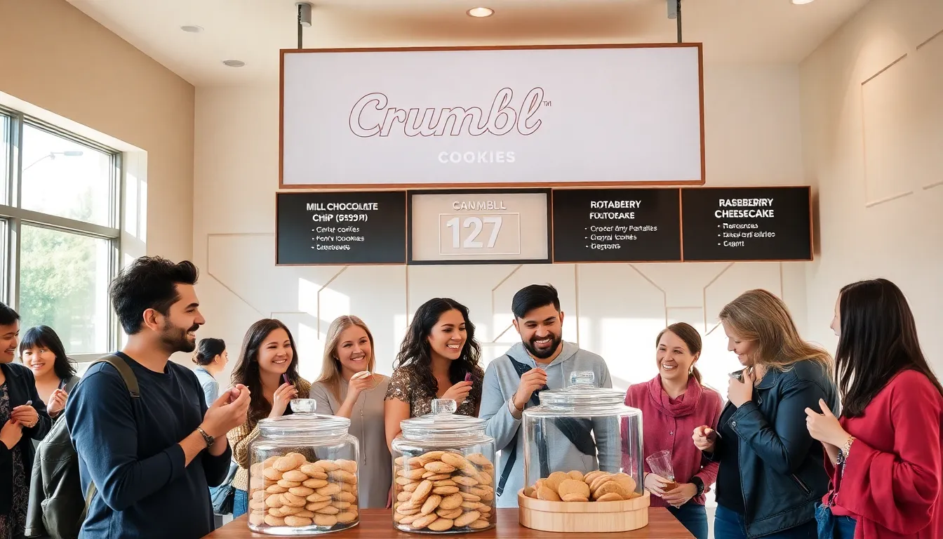 diverse group enjoying cookies in a modern Crumbl storefront.
