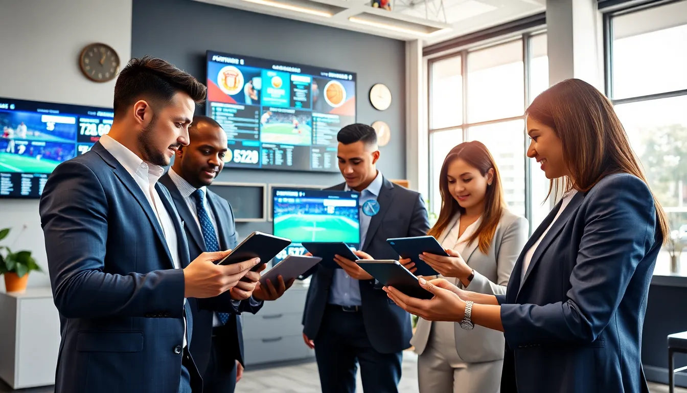diverse team discussing sports news at a modern digital workspace.