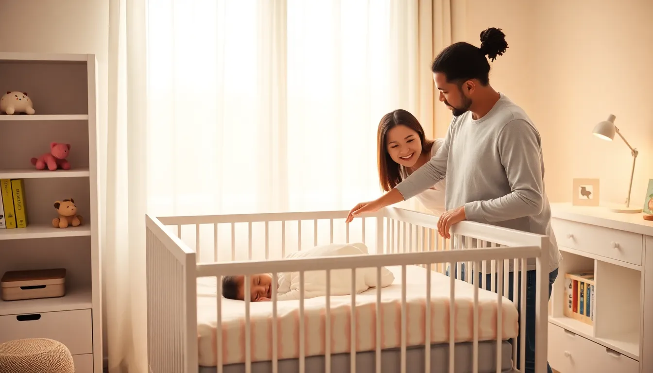 diverse parents with a sleeping baby in a modern nursery.