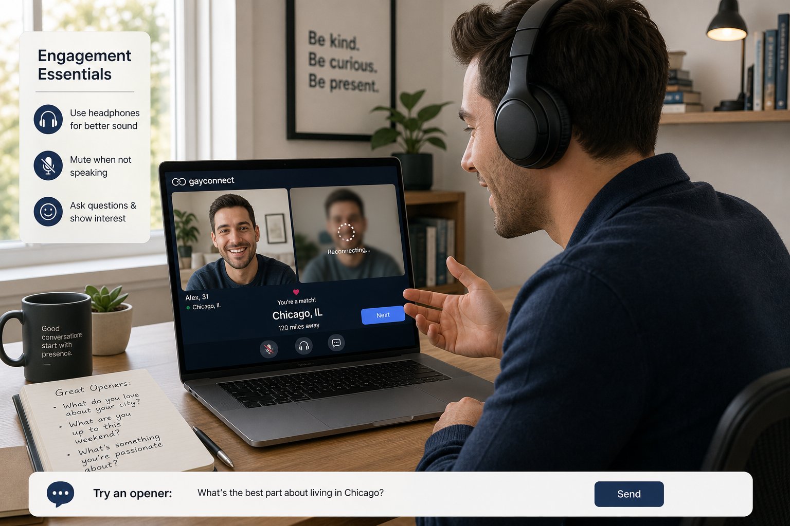 Professional using headphones on laptop video chat, stable and buffering call tiles.