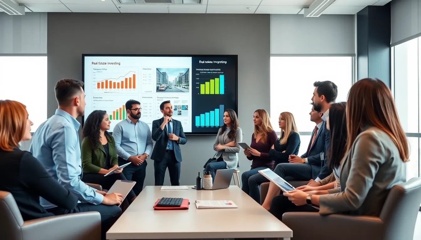 diverse group learning about real estate investing in a modern classroom.