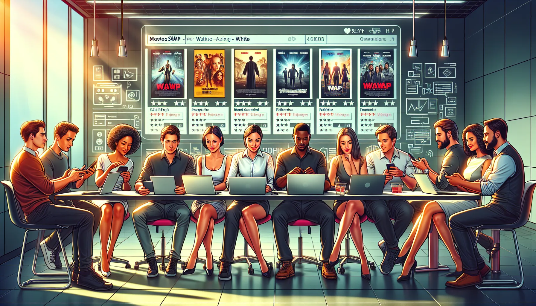 diverse group engaging with Movieswap.org on modern devices.