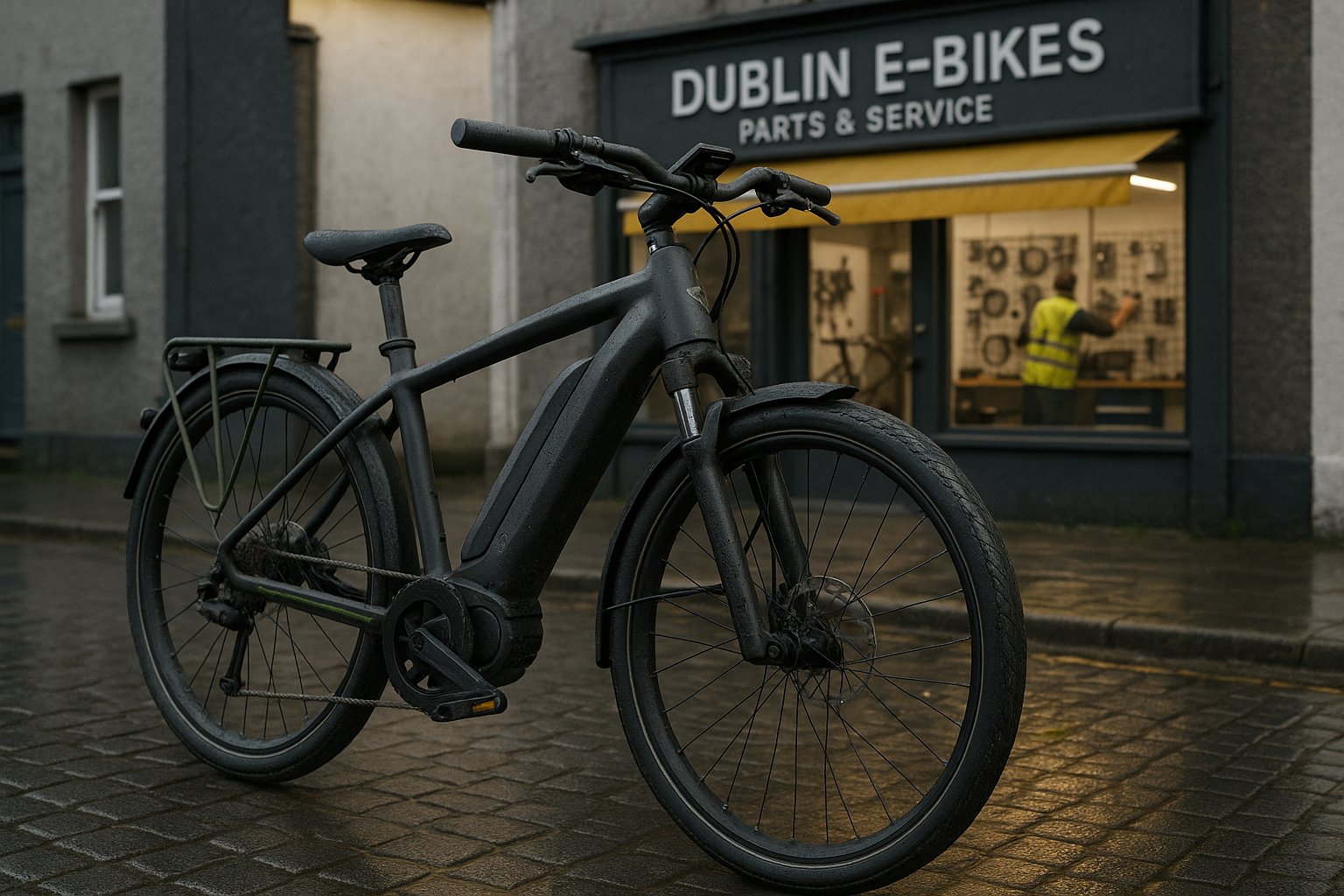 electric commuter bike with visible motor and battery outside Dublin shop