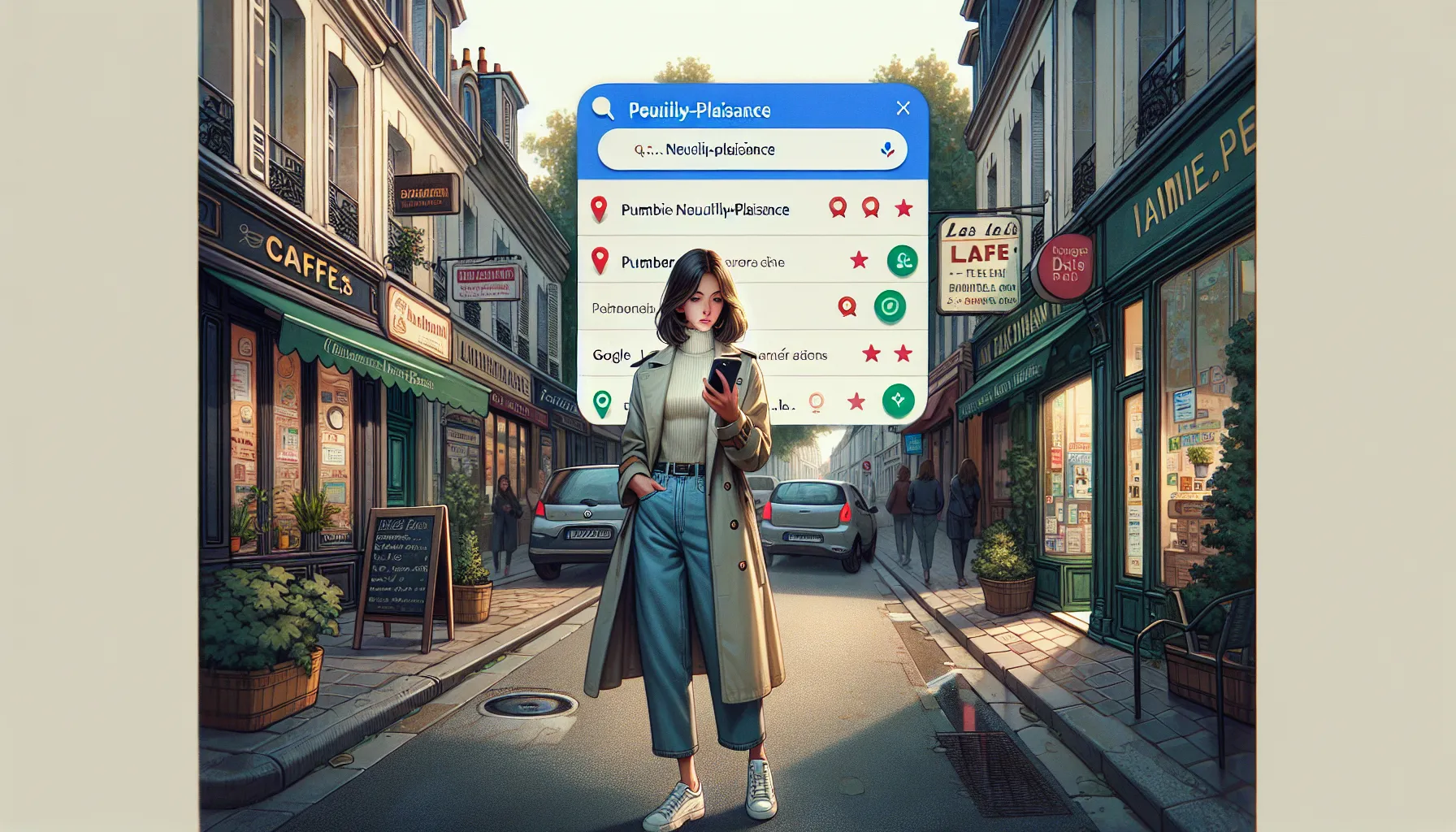 Woman in Neuilly-Plaisance searching local services on Google Maps on her phone.