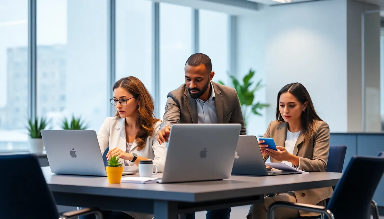 diverse professionals troubleshooting a computer issue in a modern office.
