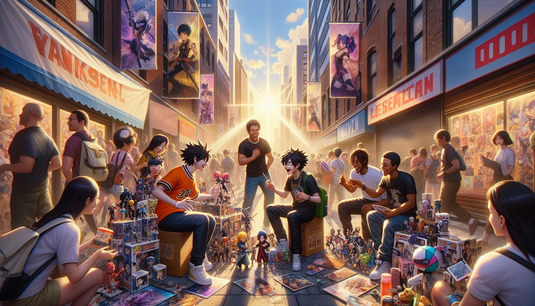 young adults discussing AOT and Naruto in a lively city street.