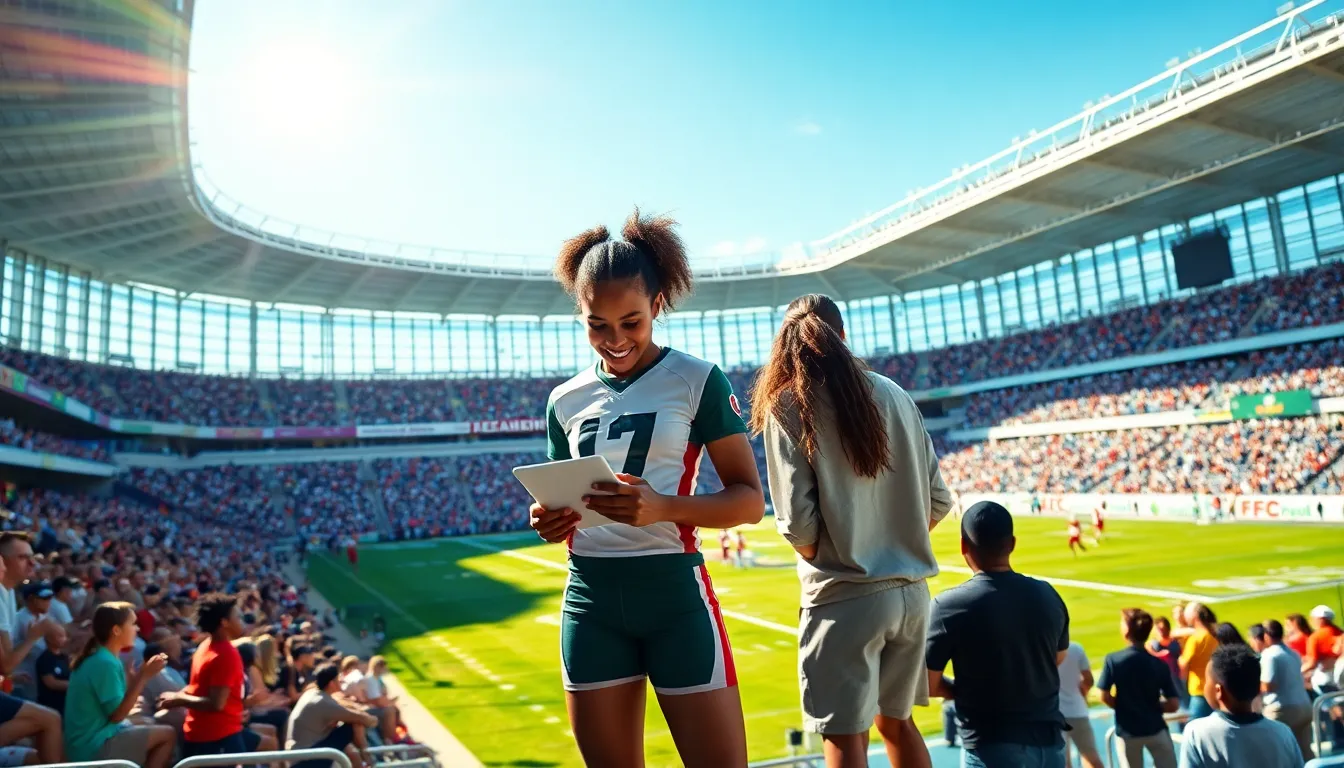 a diverse group of football players analyzing statistics in a modern stadium.