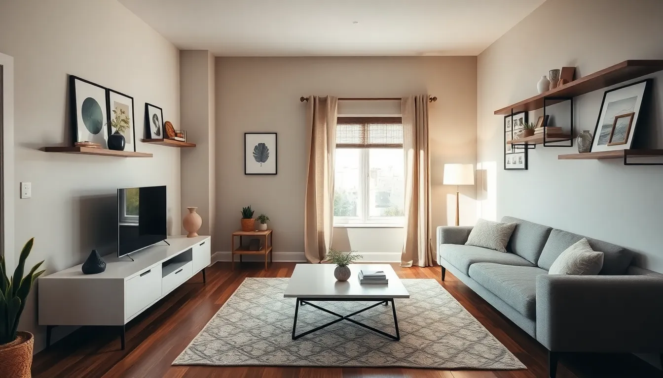 cozy small living room with functional furniture and elegant decor.