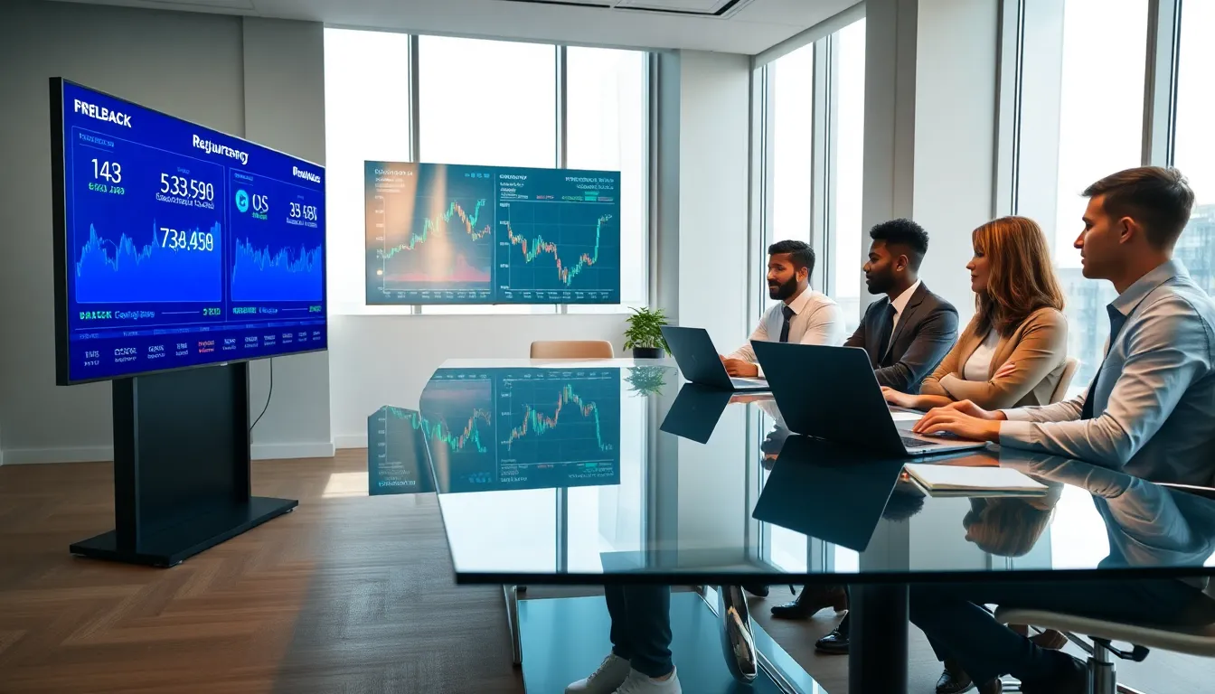 diverse team collaborating on cryptocurrency trading in a modern office.