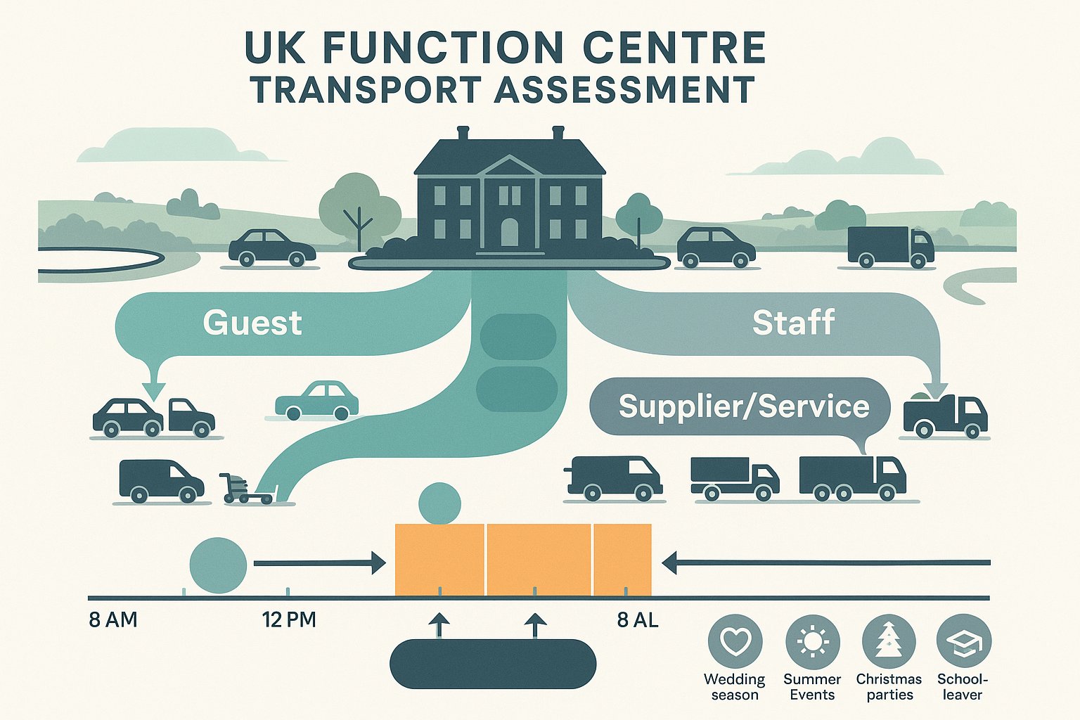 Infographic of guest, staff and supplier travel peaks at a UK function venue.