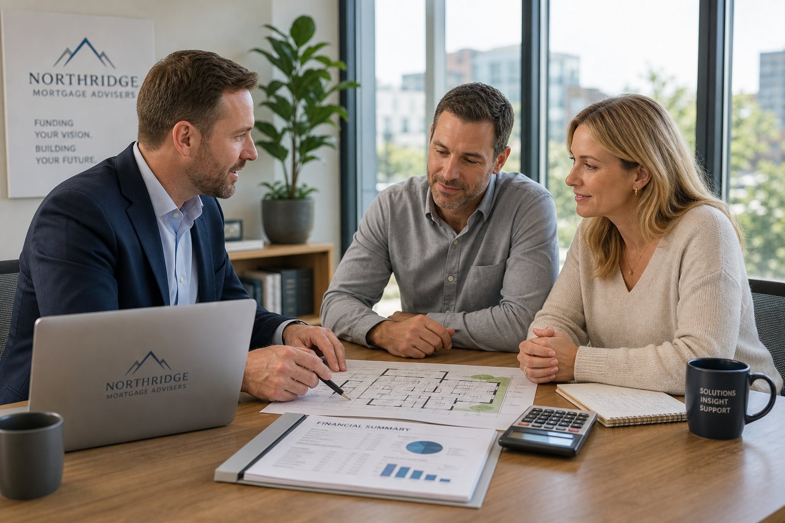 Commercial Mortgages In Haslingden 8 Commercial mortgage adviser meeting business owners in a bright office reviewing property documents and finances.