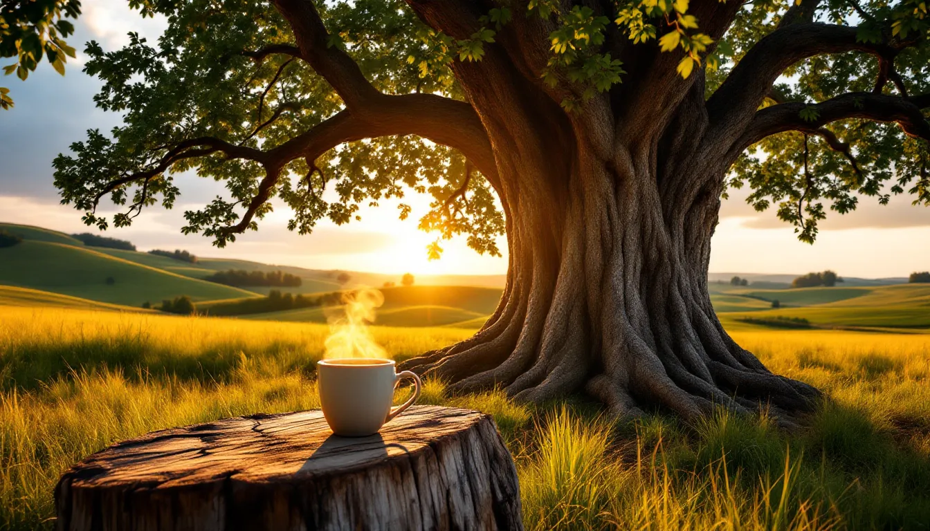 A majestic oak tree rooted in dark earth at golden hour with tea nearby.