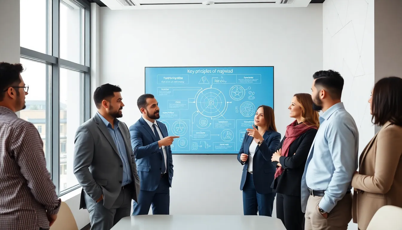 professionals discussing the concept of najwiad in a modern office.