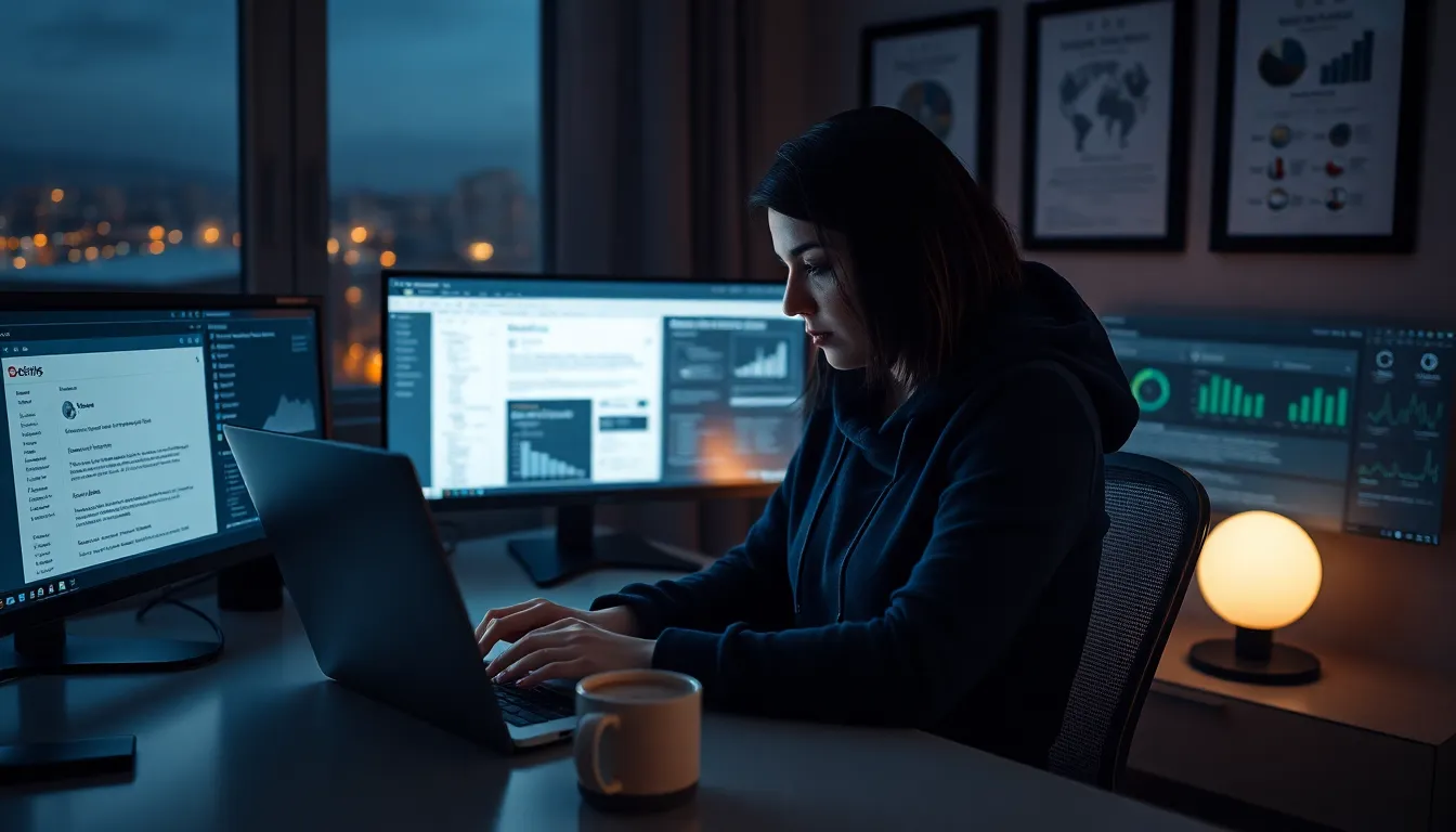 A woman analyzing phishing emails in a modern home office at night.
