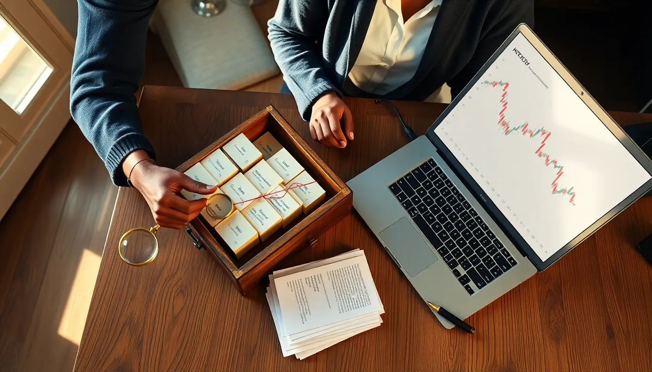 A researcher linking library index cards to code and a financial index on laptop.