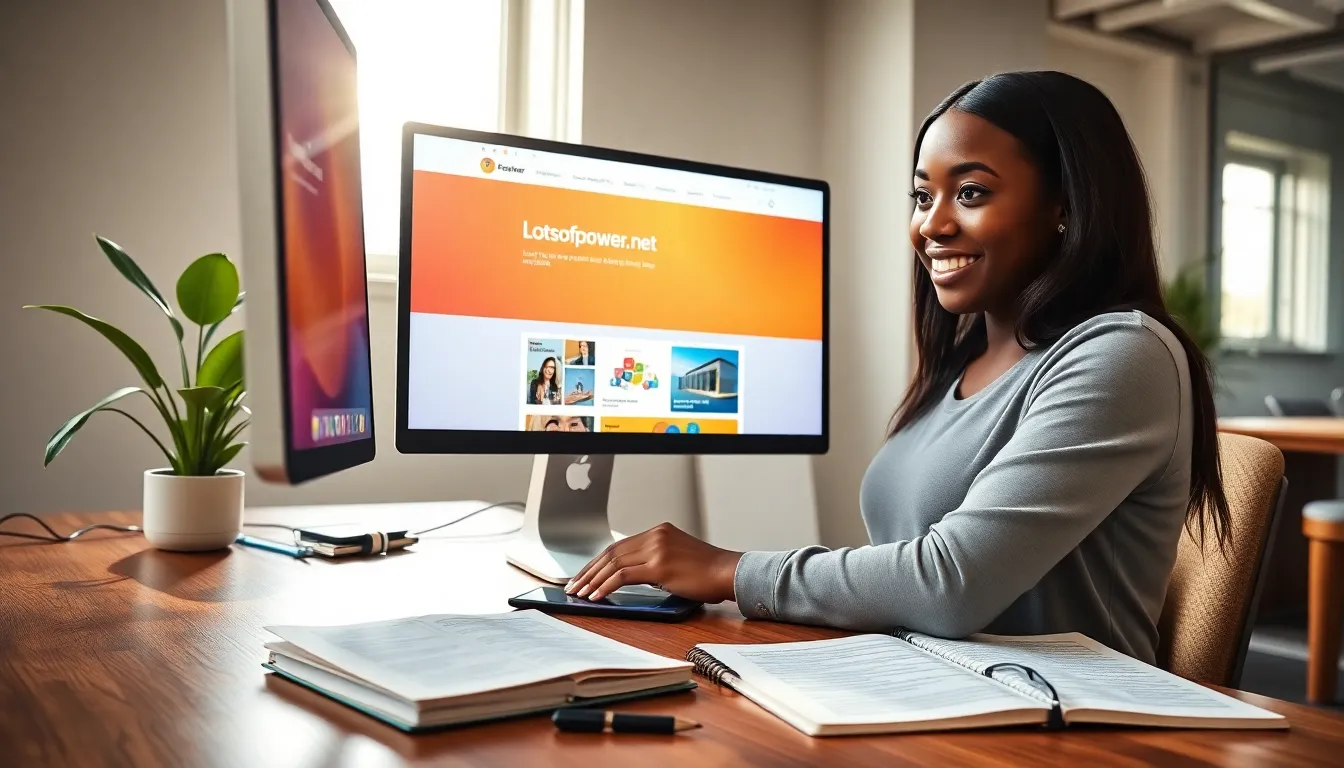 A woman using Lotsofpower.net on a computer in a bright office.
