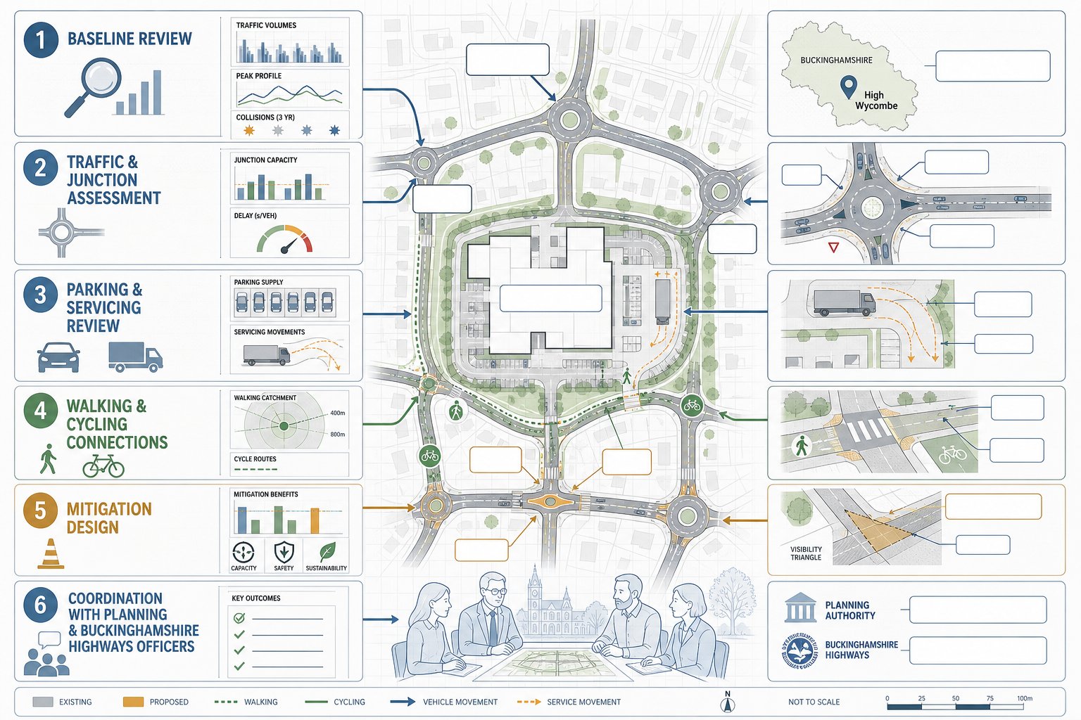 Infographic of traffic engineering steps for development planning in High Wycombe.