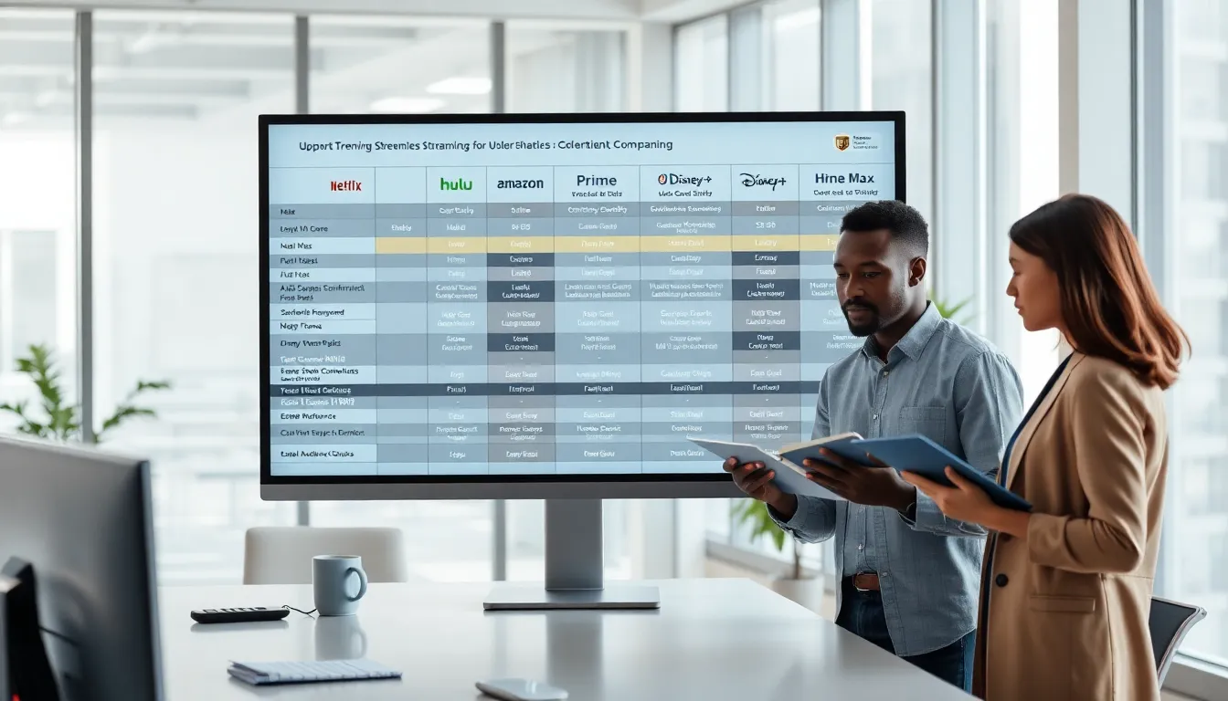professionals comparing streaming channels in a modern office.