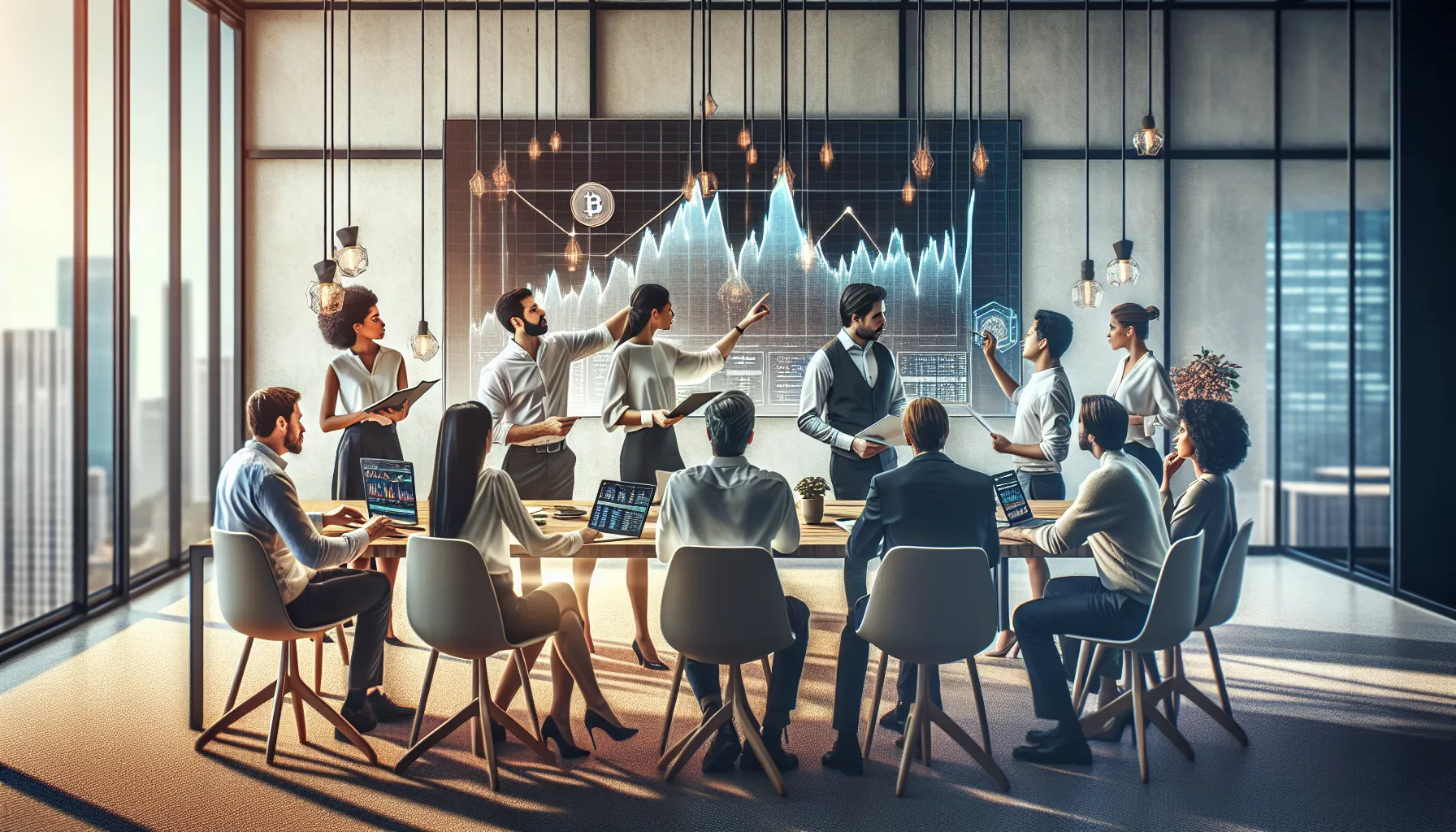 diverse team discussing cryptocurrency trends in a modern office.