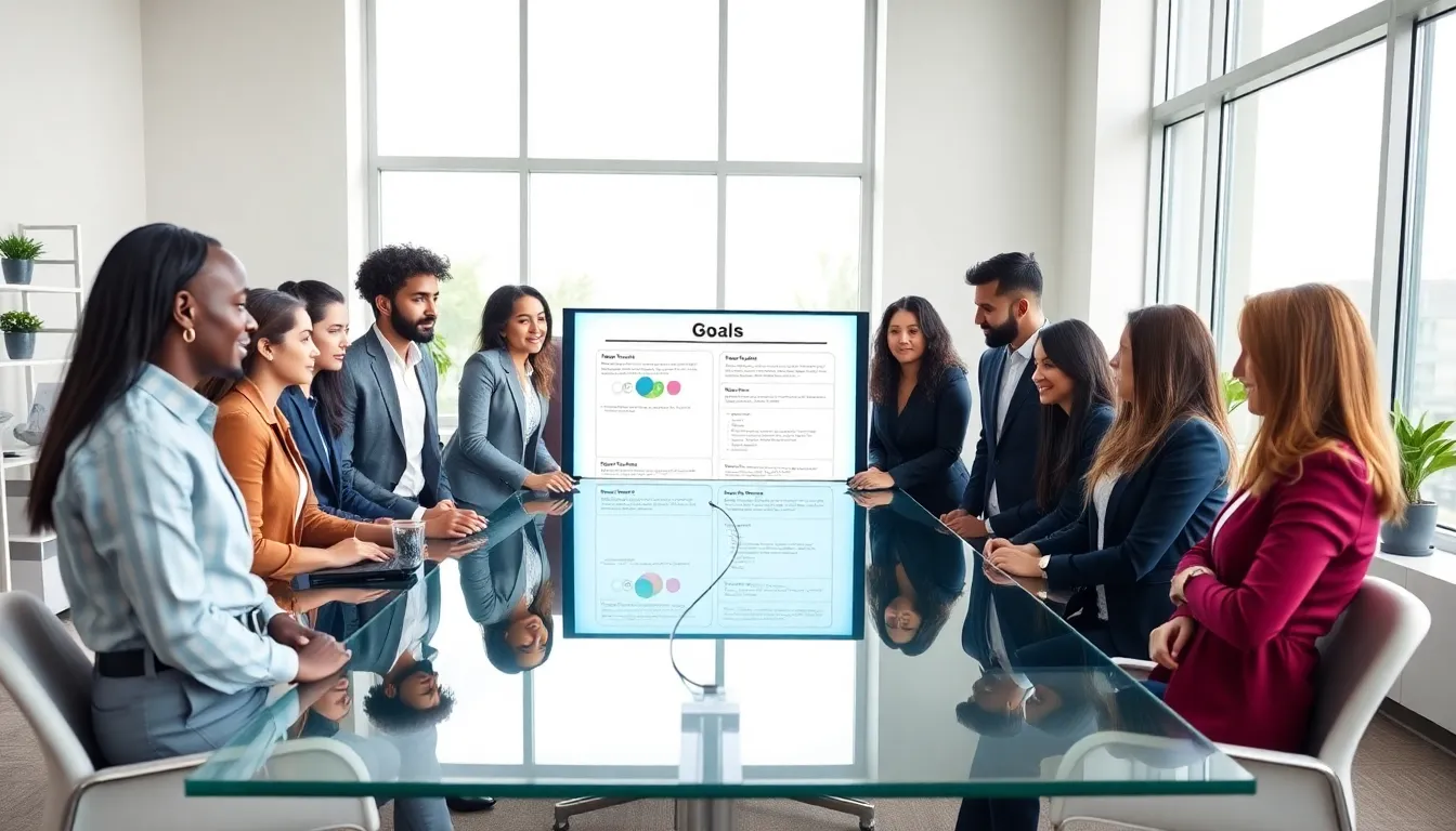 diverse professionals collaborating on a goal-setting template in a modern office.