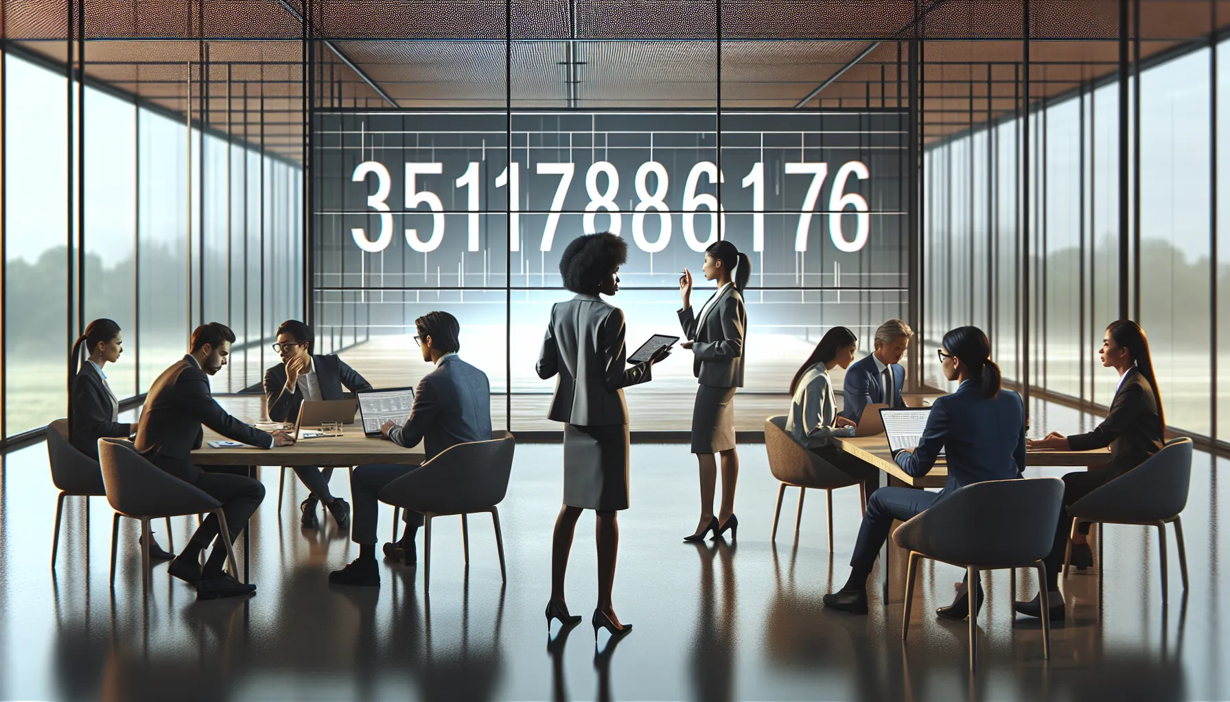 professionals discussing the significance of the number 3511786176 in a bright office.