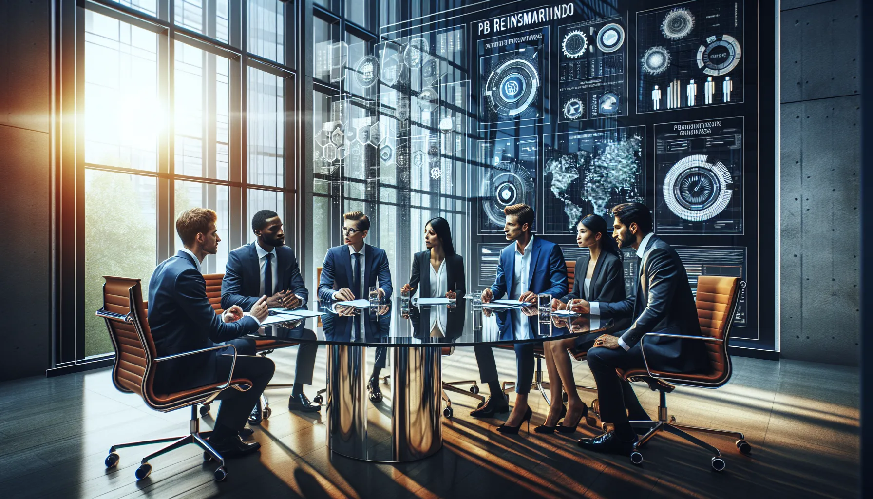 diverse team discussing PB Reinsmarindo in a modern office.