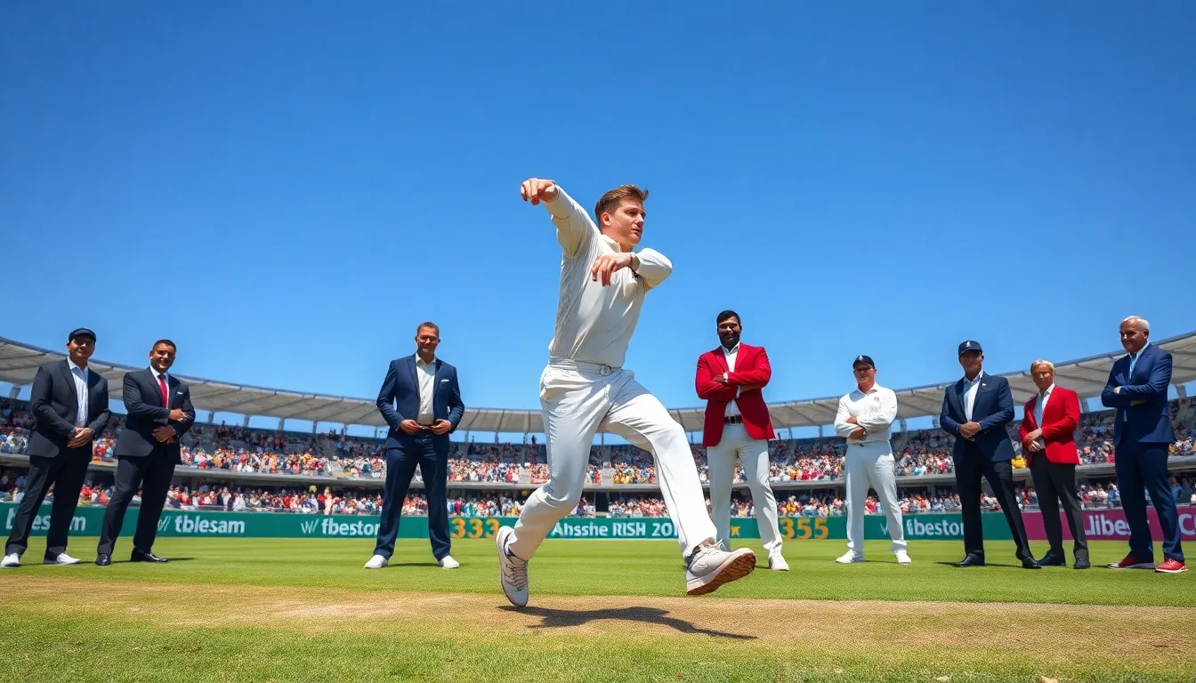 A fast bowler delivering a ball on a cricket field.