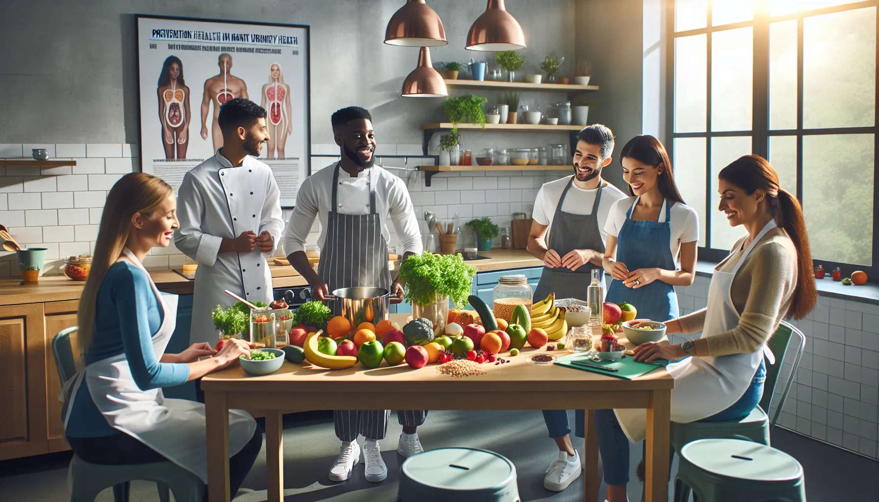 diverse professionals in a kitchen promoting healthy eating habits.
