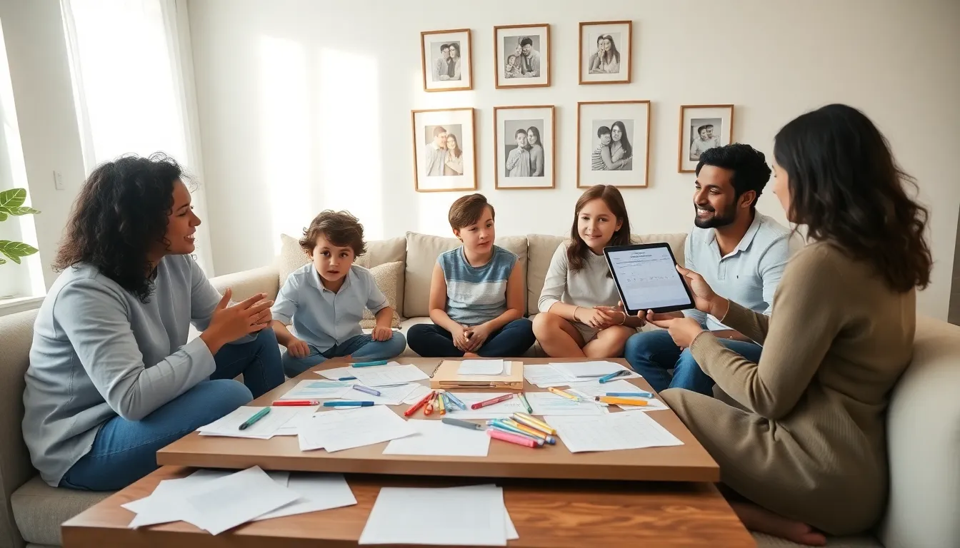 parents discussing a parenting schedule in a bright living room.