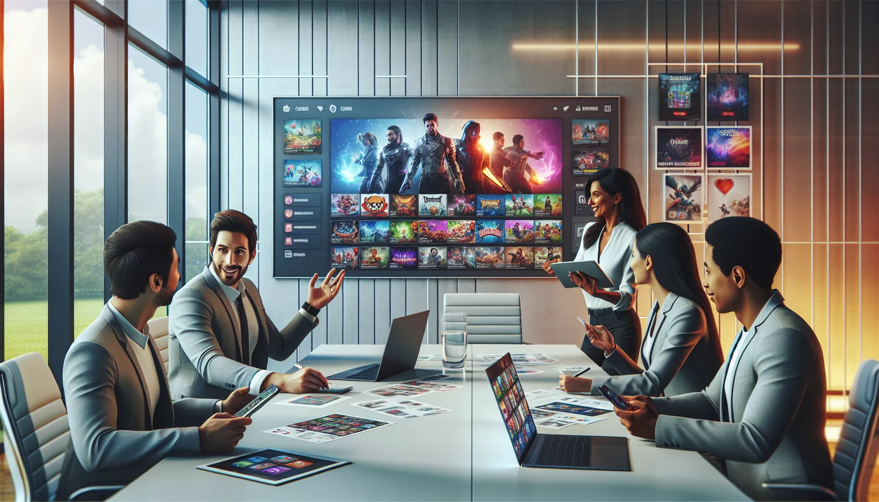 diverse team collaborating in a modern office about gaming recommendations.