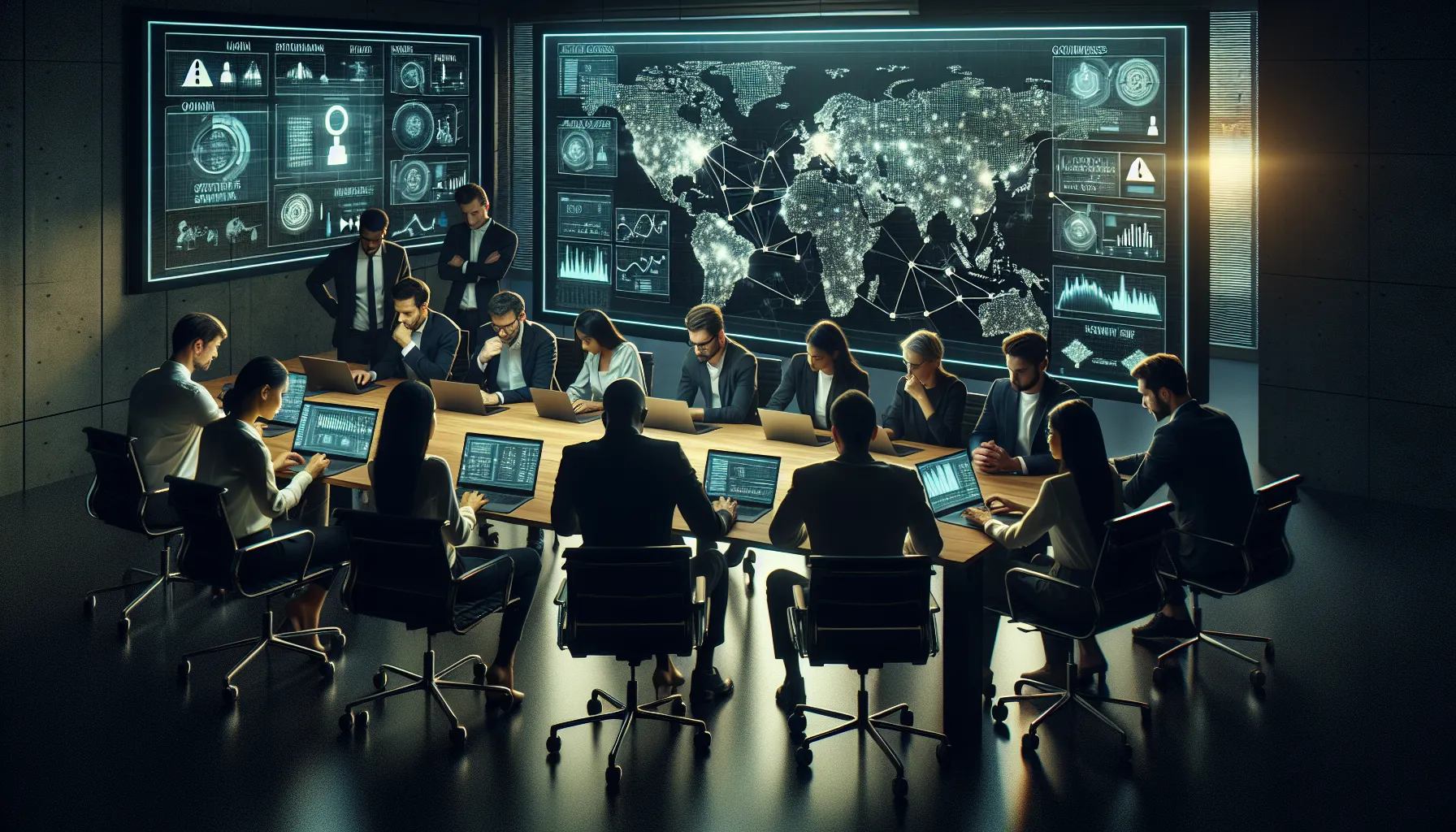 diverse cybersecurity team analyzing data in a modern office.