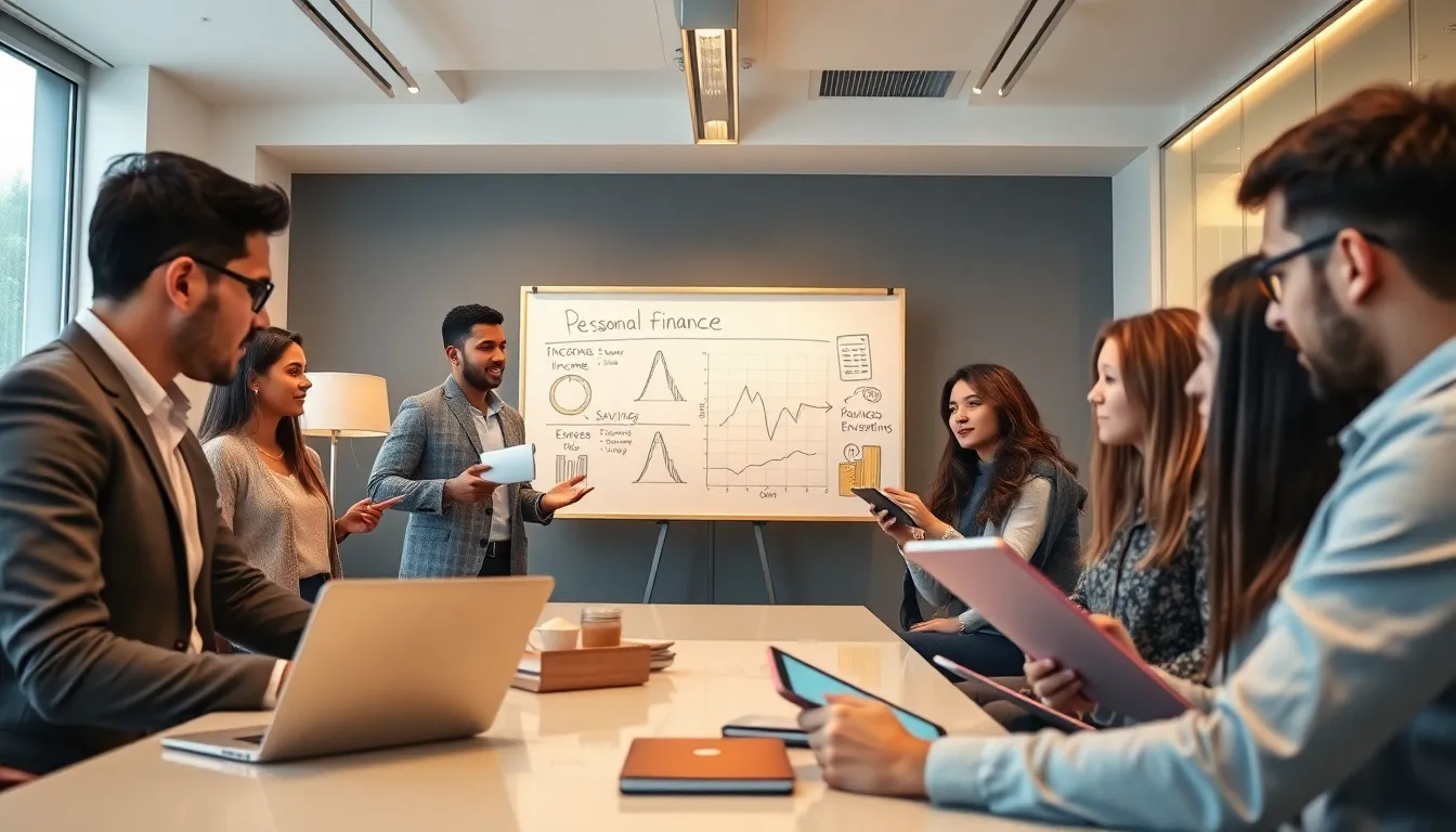 diverse professionals collaborating on personal finance topics in a modern office.