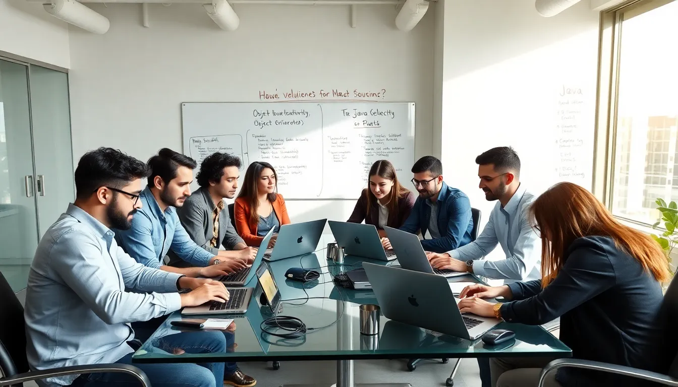 diverse team of developers collaborating on Java projects in a modern office.