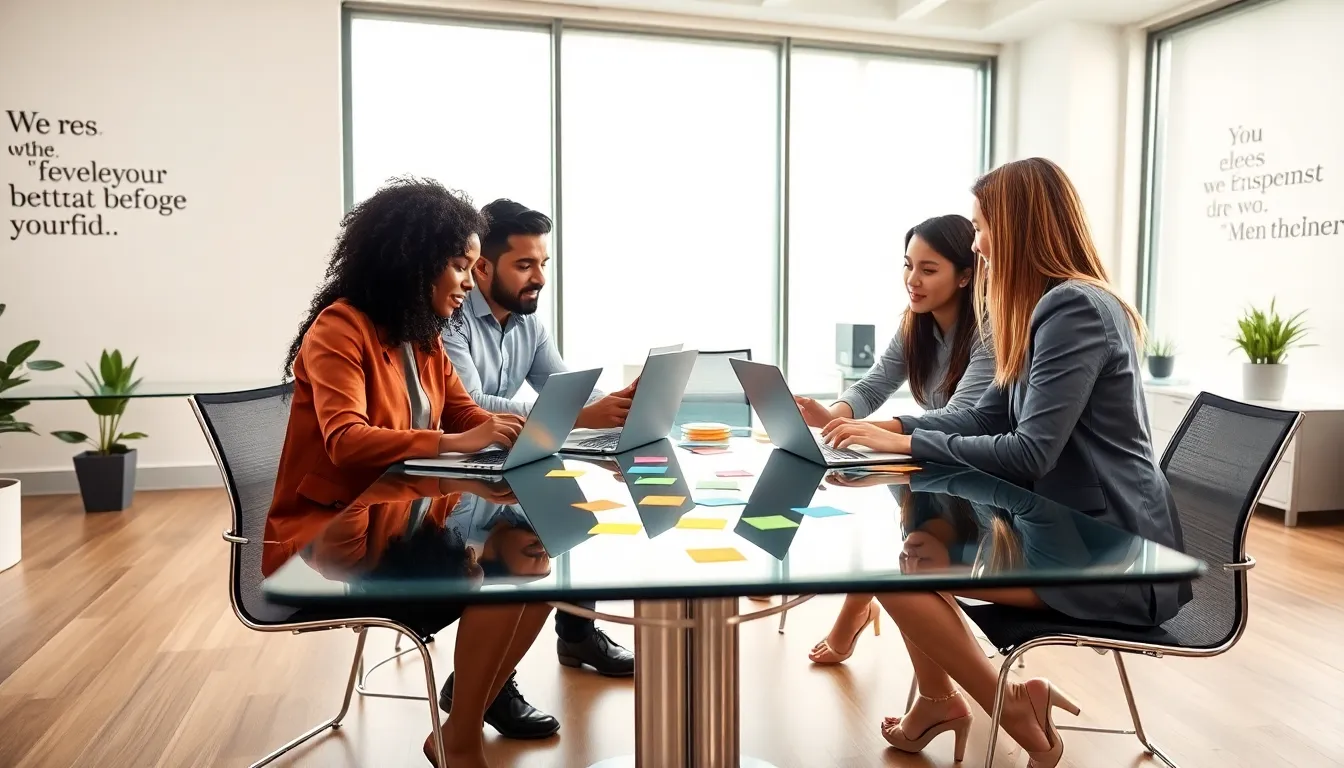 diverse team collaborating at a modern workspace.