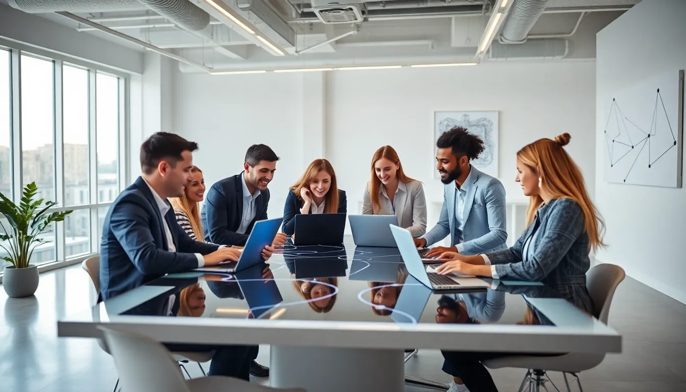 diverse professionals collaborating in a modern office on connectivity solutions.
