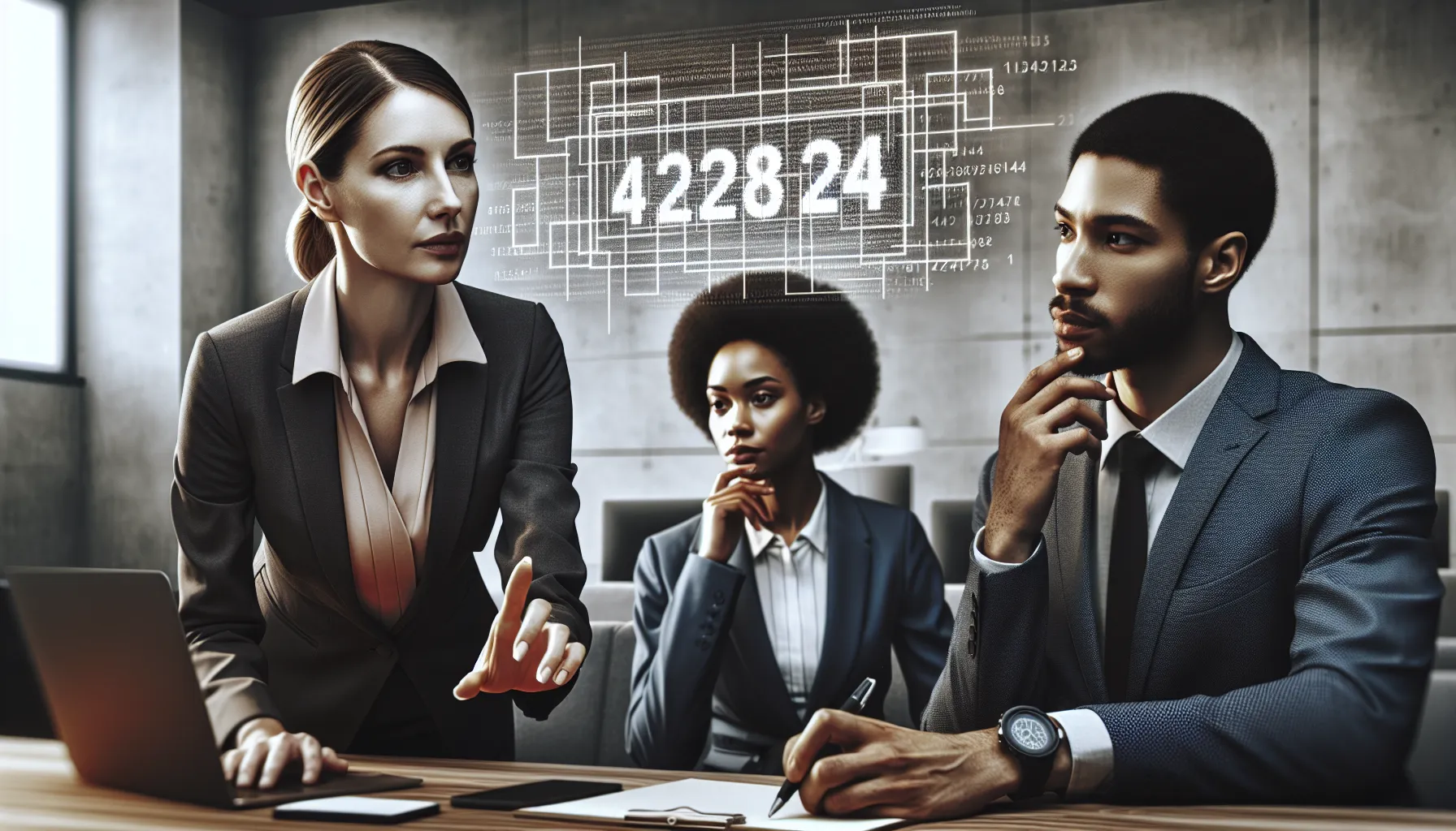 professionals discussing numeric codes in a modern office.