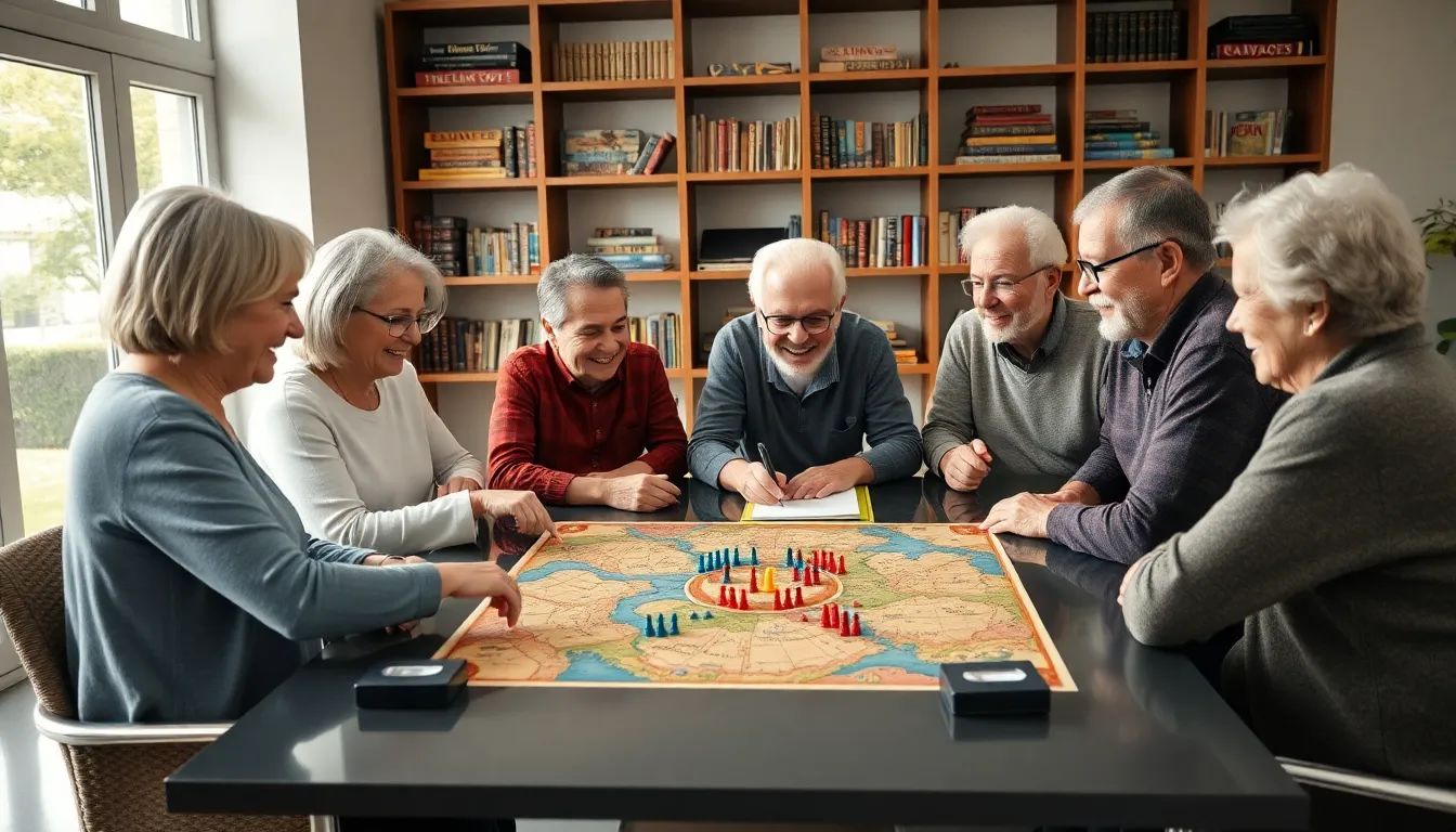 elderly players enjoying a strategic war game in a modern room.