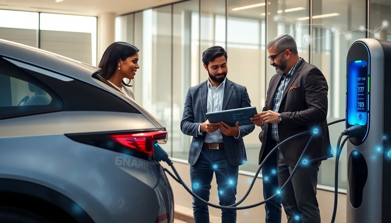 diverse team discussing smart charging technology in a modern setting.