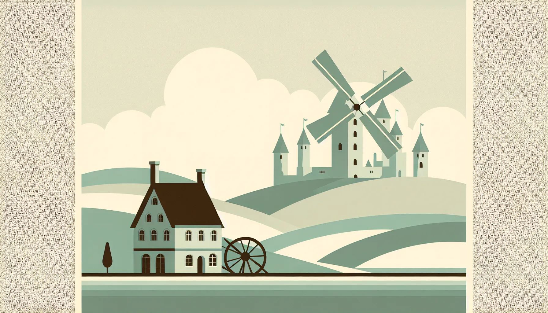 Simple illustration of a mill house, winding path, and distant castle in minimal style.