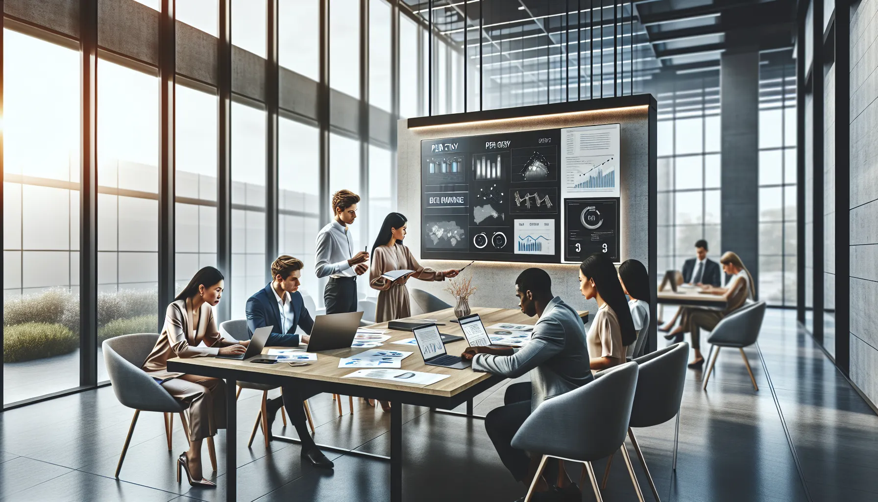 diverse professionals discussing travel pricing in a modern office.