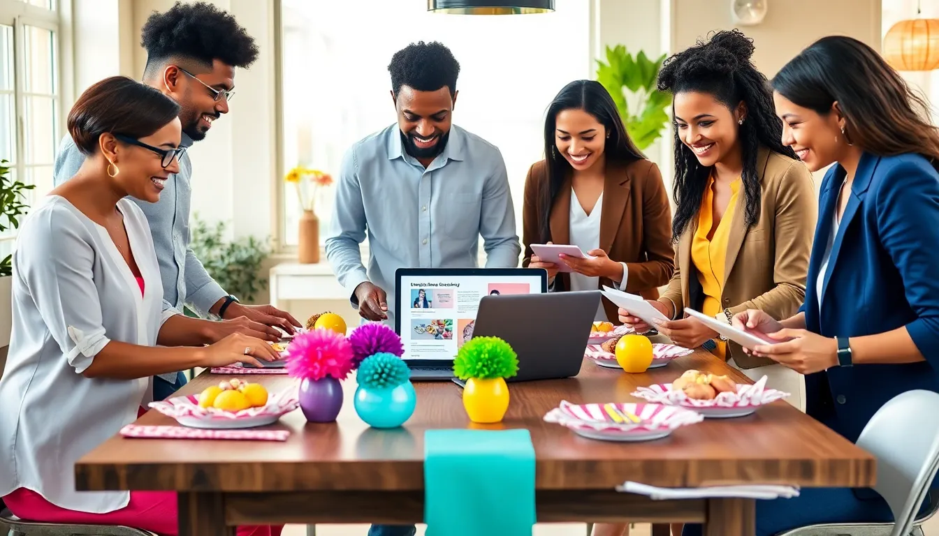 diverse group planning a budget-friendly event in a modern workspace.