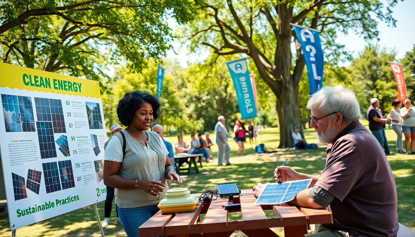 a community workshop on renewable energy in a vibrant park setting.