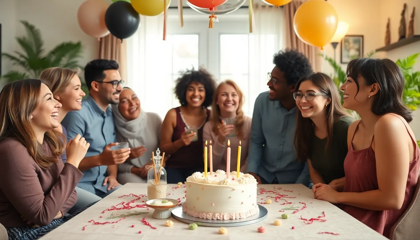 friends and family celebrating a thrifty event in a cozy living room.