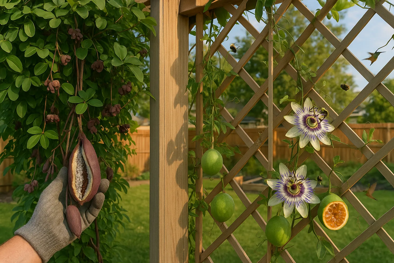 Side-by-side Akebia vine with pods and Passiflora with passionflowers and fruit.
