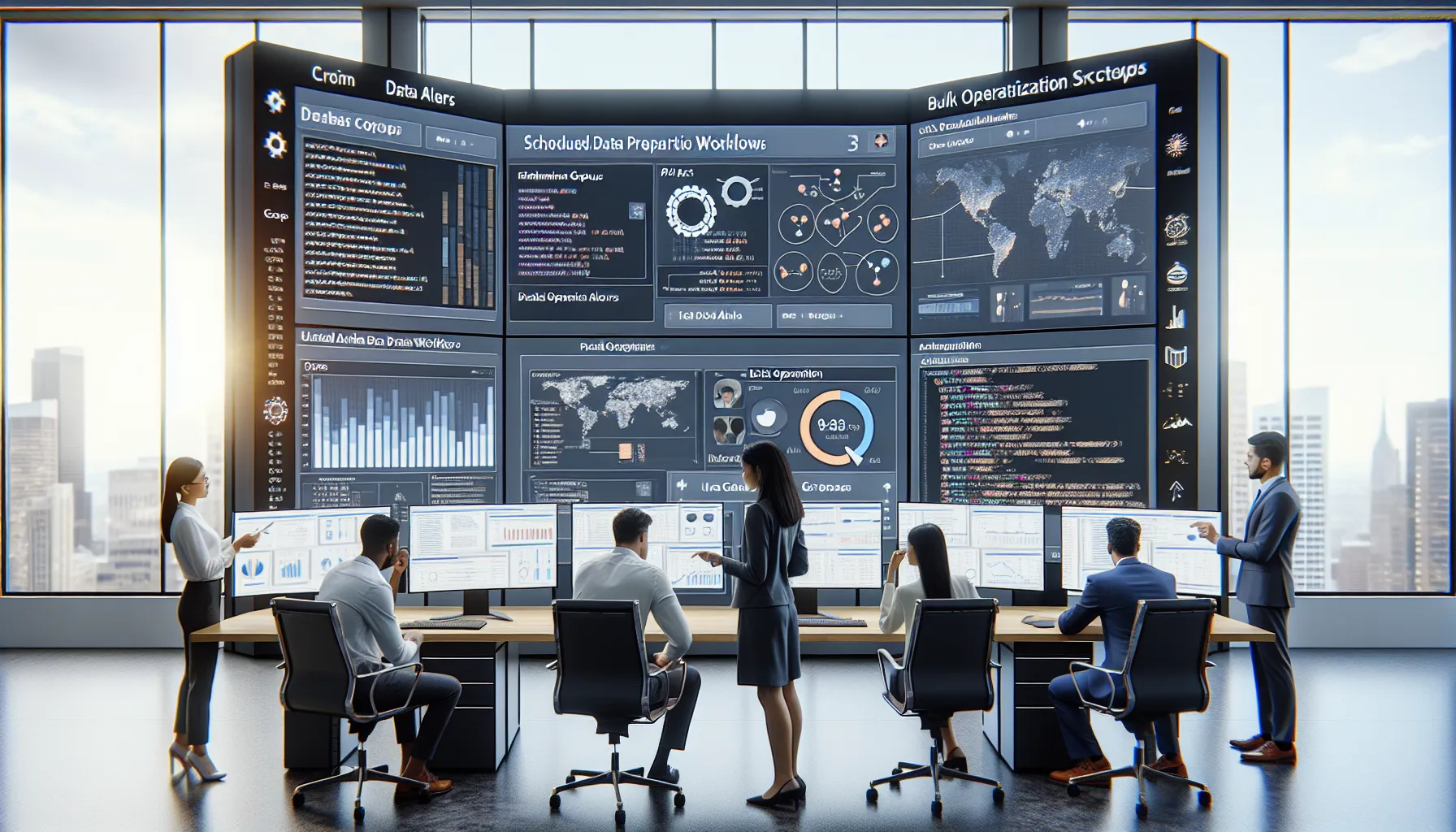 Data professionals managing automated Tableau workflows on dashboards in a modern office.